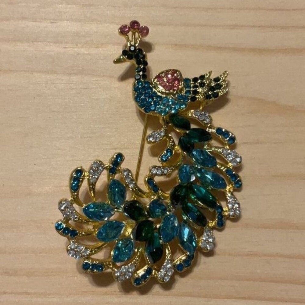 Colorful Rhinestone Peacock Brooch Pin Gold-Tone Backing Crystal Embellishments